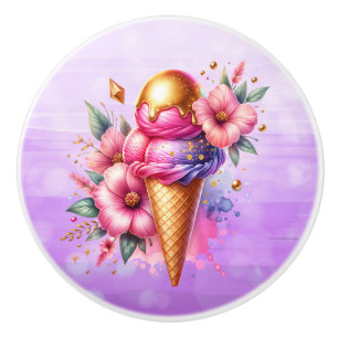 Bouton De Porte En Céramique Joyeux Anniversaire Cône de Glace Rose et Or