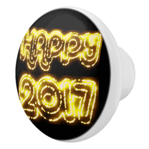 Bouton De Porte En Céramique Joyeux Nouvel An 2017 Noir brillant Gold Lights Kn