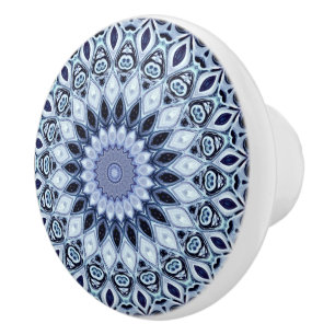 Bouton De Porte En Céramique Kaleidoscope Mandala Motif Bleu et Blanc