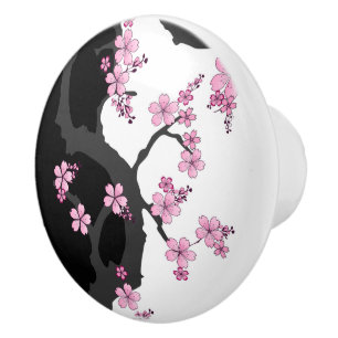 Bouton De Porte En Céramique Kimono japonais Sakura noir et blanc