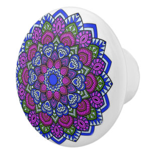 Bouton De Porte En Céramique Knob en céramique violet, bleu et vert Mandala