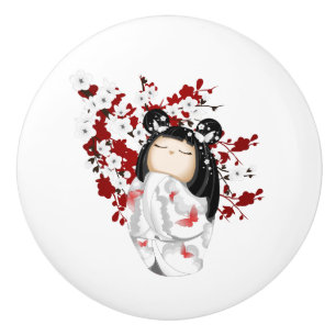 Bouton De Porte En Céramique Kokeshi Doll Rouge Noir Blanc Cerveau en fleurs Ce