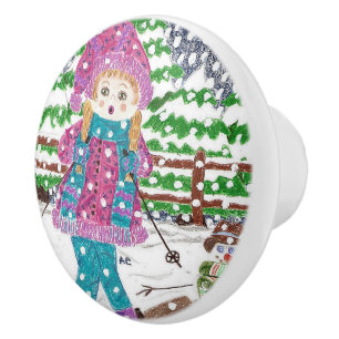 Bouton De Porte En Céramique La fille de ski badine le bouton en céramique de