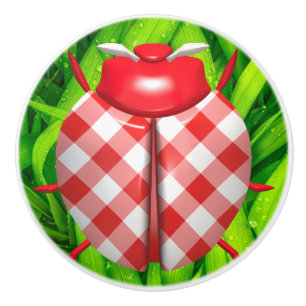 Bouton De Porte En Céramique Ladybug grass en vichy vérifier mignon rouge blanc