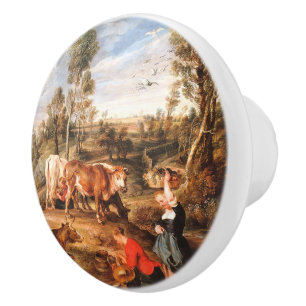 Bouton De Porte En Céramique Laitières avec du bétail dans un paysage, 'La Ferm