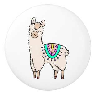 Bouton De Porte En Céramique lama alpaga de dessin animé souriant et heureux