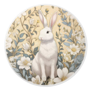 Bouton De Porte En Céramique Lapin Blanc Mignon Fleurs Jaune Pastel