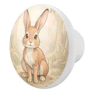 Bouton De Porte En Céramique Lapin brun mignon dans une forêt