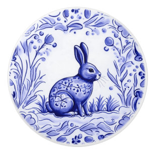 Bouton De Porte En Céramique Lapin lapin bleu et blanc Art folklorique méditerr