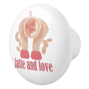Bouton De Porte En Céramique Latte et coupe d'amour, mains et citation de café