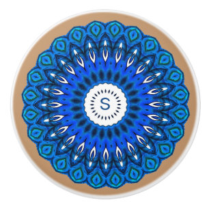 Bouton De Porte En Céramique Le Mandala bleu sur le beige avec la pointe initia