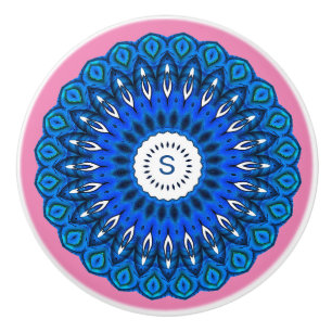 Bouton De Porte En Céramique Le Mandala bleu sur rose avec un premier brin de t