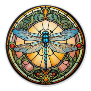 Bouton De Porte En Céramique Libellule Art Nouveau en verre coloré
