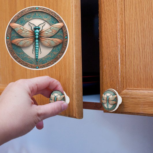 Bouton De Porte En Céramique libellule de cuivre et de turquoise