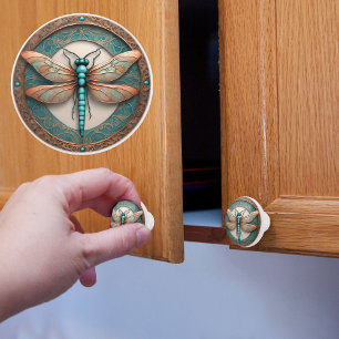 Bouton De Porte En Céramique Libellule en cuivre et turquoise