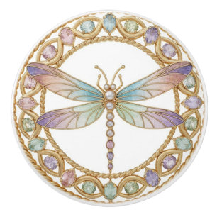 Bouton De Porte En Céramique Libellule pastel dorée - Bleu vert et lilas rose