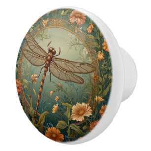 Bouton De Porte En Céramique Libellule verte de printemps élégante Art Nouveau