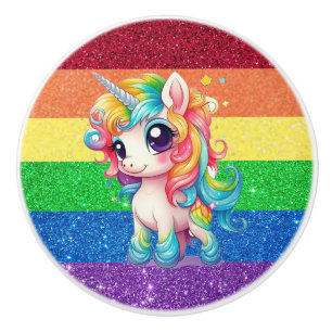 Bouton De Porte En Céramique Licorne arc-en-ciel pailleté faux féminin joli
