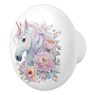 Bouton De Porte En Céramique Licorne Fantaisiste aux Accents Floraux Pastel