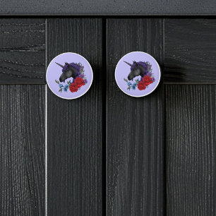 Bouton De Porte En Céramique Licorne noire fleurs de jardin de minuit violet
