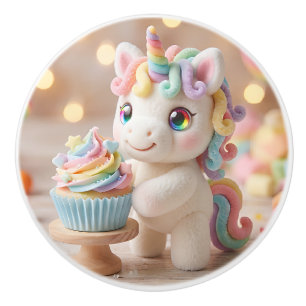 Bouton De Porte En Céramique Licorne pastel avec gâteau de couleur arc-en-ciel