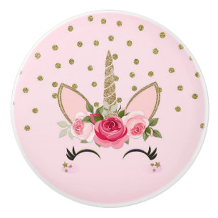 Bouton De Porte En Céramique Licorne Tendance Pailletée Or & Fleur Rose