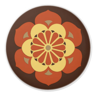 Bouton De Porte En Céramique Lotus Flower Mandala, Brown, rouille et jaune