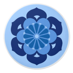 Bouton De Porte En Céramique Lotus Flower Mandala, Indigo et bleu clair