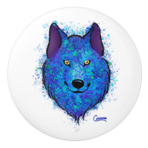 Bouton De Porte En Céramique Loup bleu - Knob