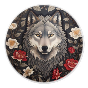 Bouton De Porte En Céramique Loup Gris Élégant Floral