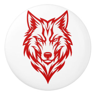 Bouton De Porte En Céramique Loup Rouge