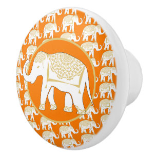 Bouton De Porte En Céramique Lucky Thai White Elephant Orange