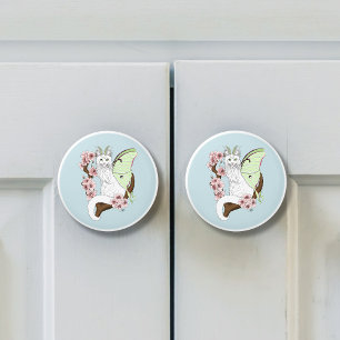 Bouton De Porte En Céramique Luna Moth Moth Blanc Chat Vert
