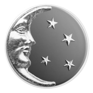 Bouton De Porte En Céramique Lune d'art déco et étoiles - gris/gris et argent
