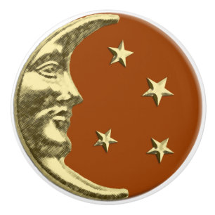 Bouton De Porte En Céramique Lune et étoiles d'art déco - brun et or de rouil