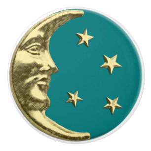 Bouton De Porte En Céramique Lune et étoiles d'art déco - Teal et or