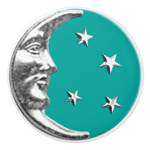 Bouton De Porte En Céramique Lune et étoiles d'art déco - turquoise et argent