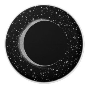 Bouton De Porte En Céramique Lune magique céleste noire et argentée étoiles lun