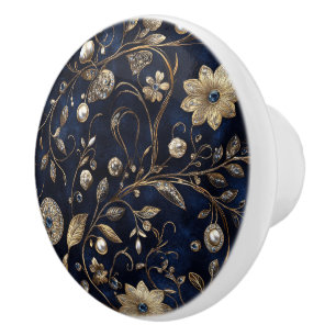 Bouton De Porte En Céramique Luxe Navy Or Floral