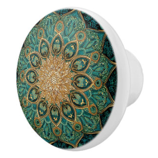 Bouton De Porte En Céramique Luxury Vintage Islamic Geometric EmeraldGreen Gold