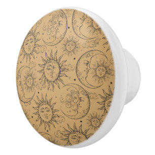 Bouton De Porte En Céramique Magie Vintage Céleste Tan Beige Soleil Lune Étoile
