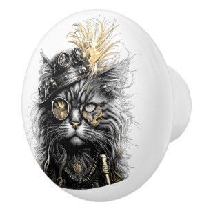 Bouton De Porte En Céramique Magnifique chat Steampunk