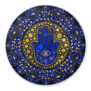 Bouton De Porte En Céramique Main Hamsa - Main de Fatima Dot Art Lapis Lazuli
