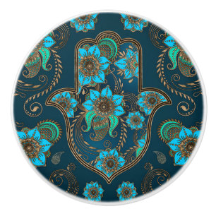 Bouton De Porte En Céramique Main Hamsa - Main de l'ornement floral Fatima