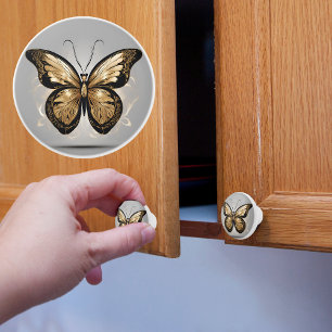 Bouton De Porte En Céramique Majestic Gold Butterfly on Grey