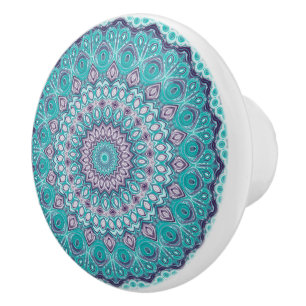 Bouton De Porte En Céramique Mandala à l'aquarelle en turquoise et violet