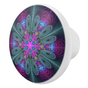 Bouton De Porte En Céramique Mandala De Centre Coloré Fractage Art Avec Rose