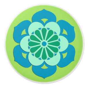 Bouton De Porte En Céramique Mandala de la fleur de lotus, vert citron et bleu