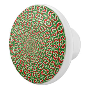 Bouton De Porte En Céramique Mandala de Noël bicolore vert et rouge et blanc
