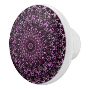 Bouton De Porte En Céramique Mandala de rose rose et noire avec géométrie flora
